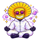 Tío Mantún meditando con estrellas y órbitas violetas a su alrededor.