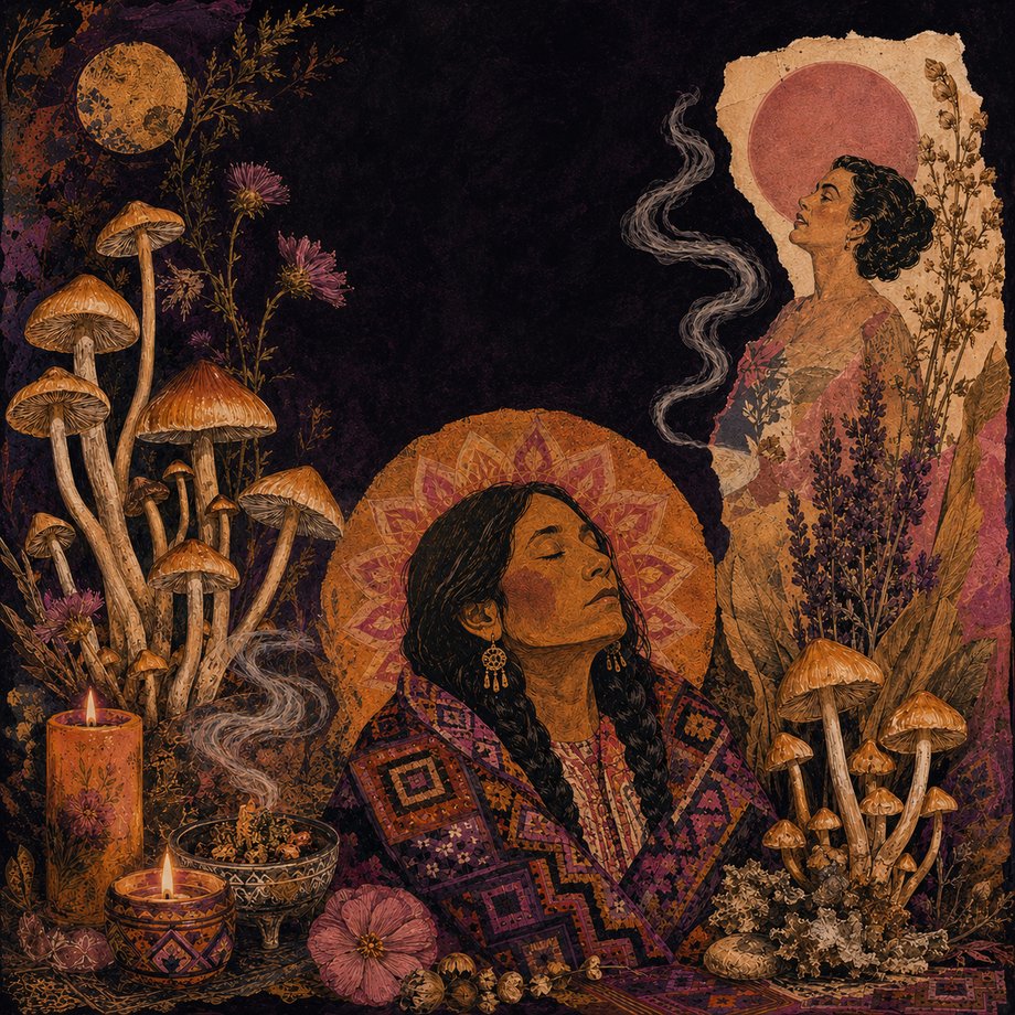 Ilustración de María Sabina rodeada de hongos sagrados, velas y humo de copal, homenaje a los niños santos