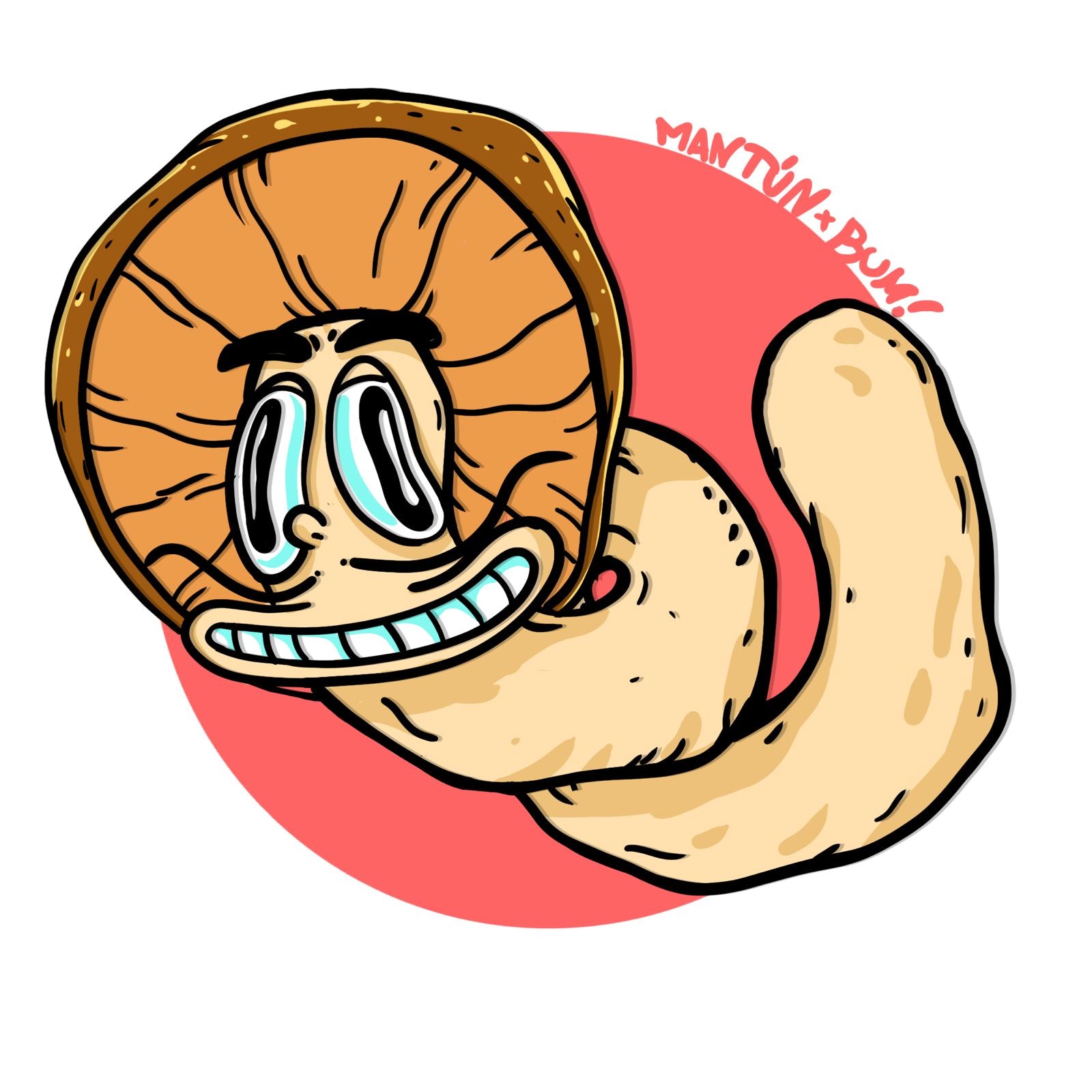 Ilustración de personaje Mantún de la cepa Thai Ban Hua Thanon, hongo con sombrero café canela y cuerpo enrollado estilo caracol, sobre fondo circular coral con texto Mantún Boom