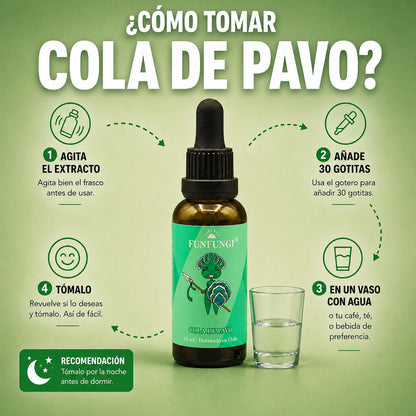 Infografía cómo tomar el extracto de Cola de Pavo FunFungi: 4 pasos con gotero y vaso de agua