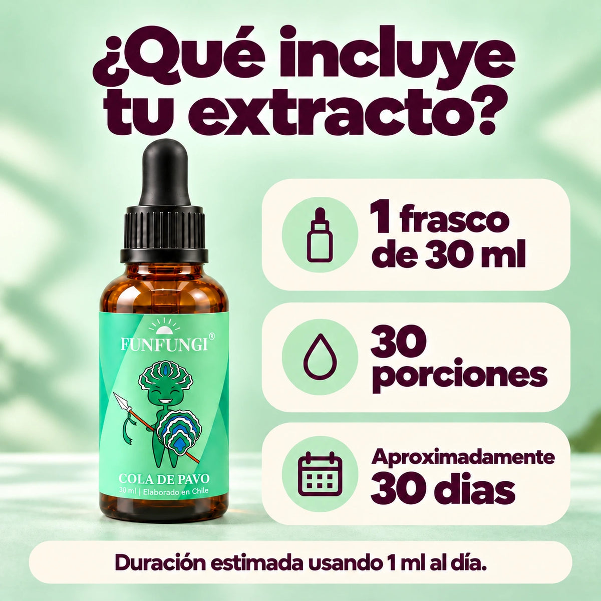 Cola de Pavo FunFungi de 30 ml: contenido de 30 ml y 30 porciones de 1 ml.