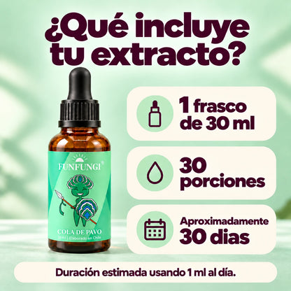 Cola de Pavo FunFungi de 30 ml: contenido de 30 ml y 30 porciones de 1 ml.