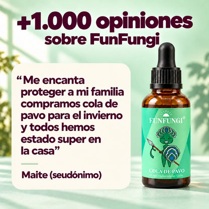 Testimonio aportado sobre el uso familiar de Cola de Pavo durante el invierno, firmado Maite (seudónimo), junto al frasco y al texto «+1.000 opiniones sobre FunFungi».