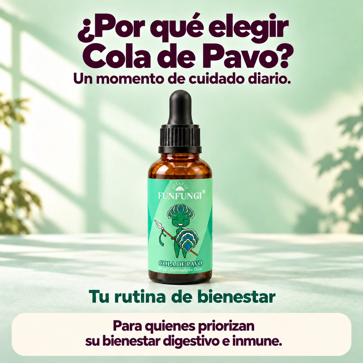 Por qué elegir Cola de Pavo FunFungi: frasco ámbar de 30 ml sobre fondo verde y propuesta de cuidado diario.