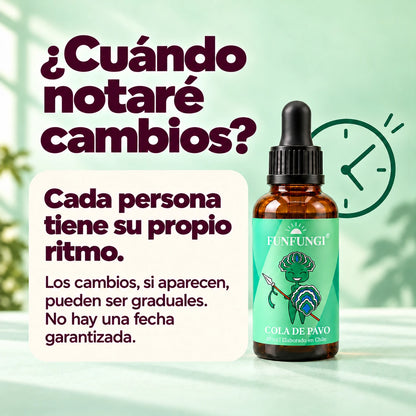 Cola de Pavo FunFungi de 30 ml: información sobre el tiempo variable para percibir cambios, sin una fecha garantizada.