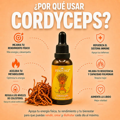 Infografía beneficios del extracto de Cordyceps FunFungi: rendimiento físico, metabolismo, sistema inmune, resistencia pulmonar, colesterol y libido