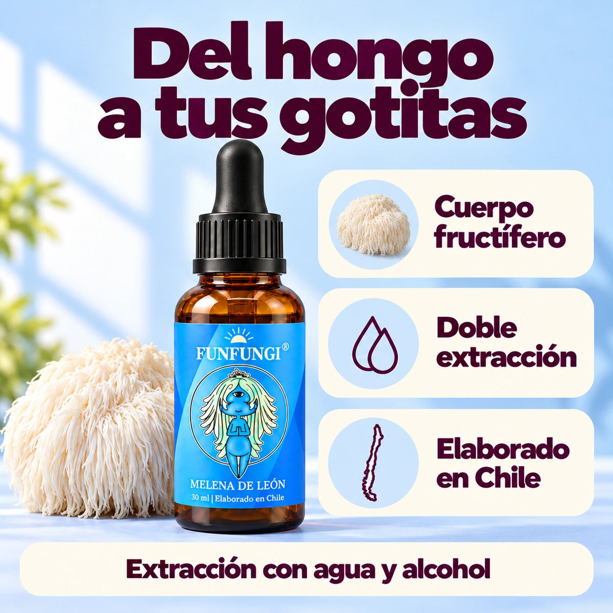 Melena de León FunFungi de 30 ml: cuerpo fructífero, doble extracción con agua y alcohol y elaboración en Chile.