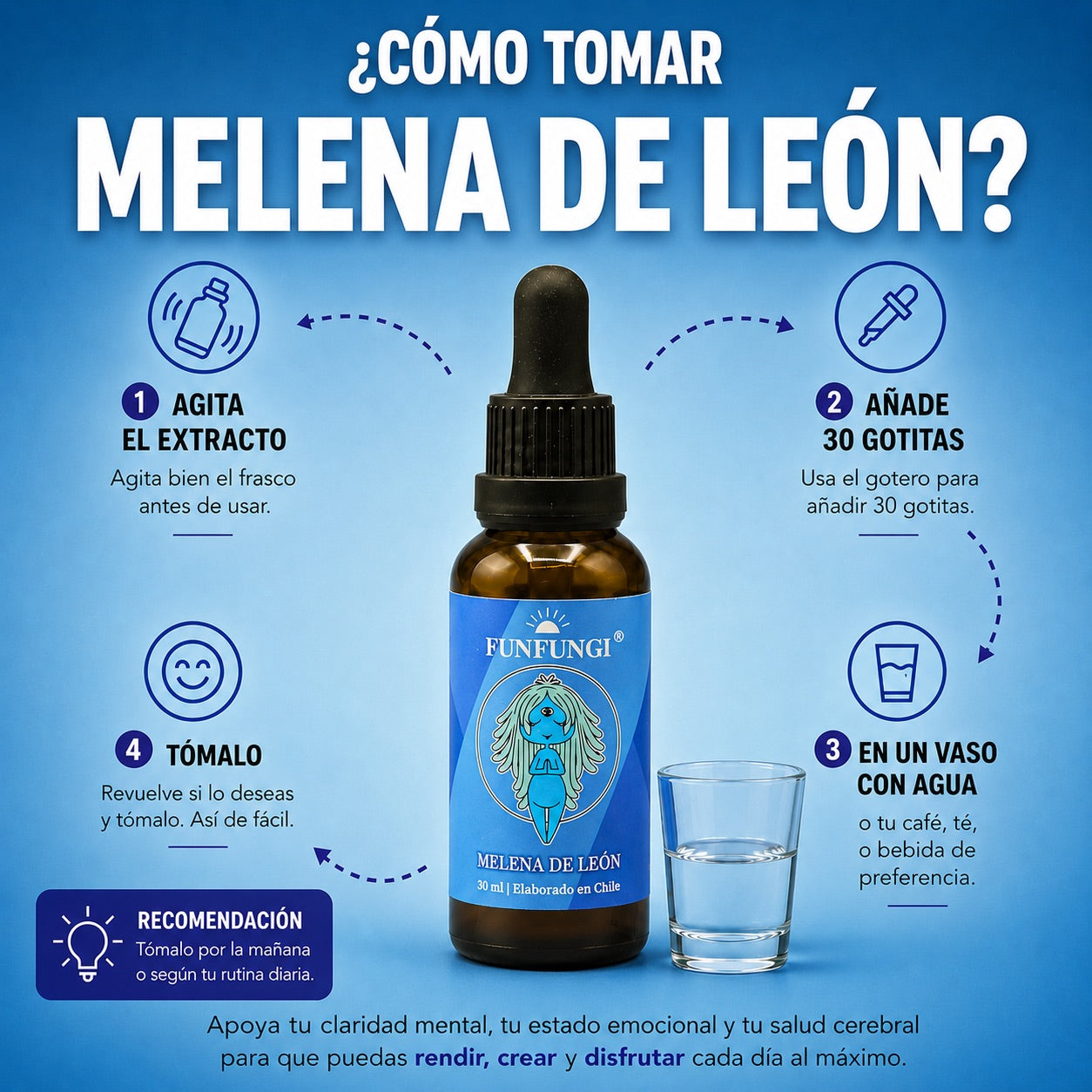 Infografía cómo tomar el extracto de Melena de León FunFungi: 4 pasos con gotero y vaso de agua