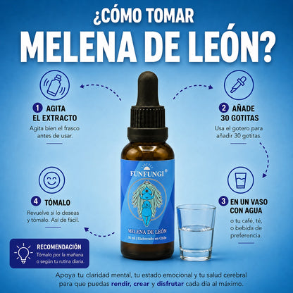 Infografía cómo tomar el extracto de Melena de León FunFungi: 4 pasos con gotero y vaso de agua