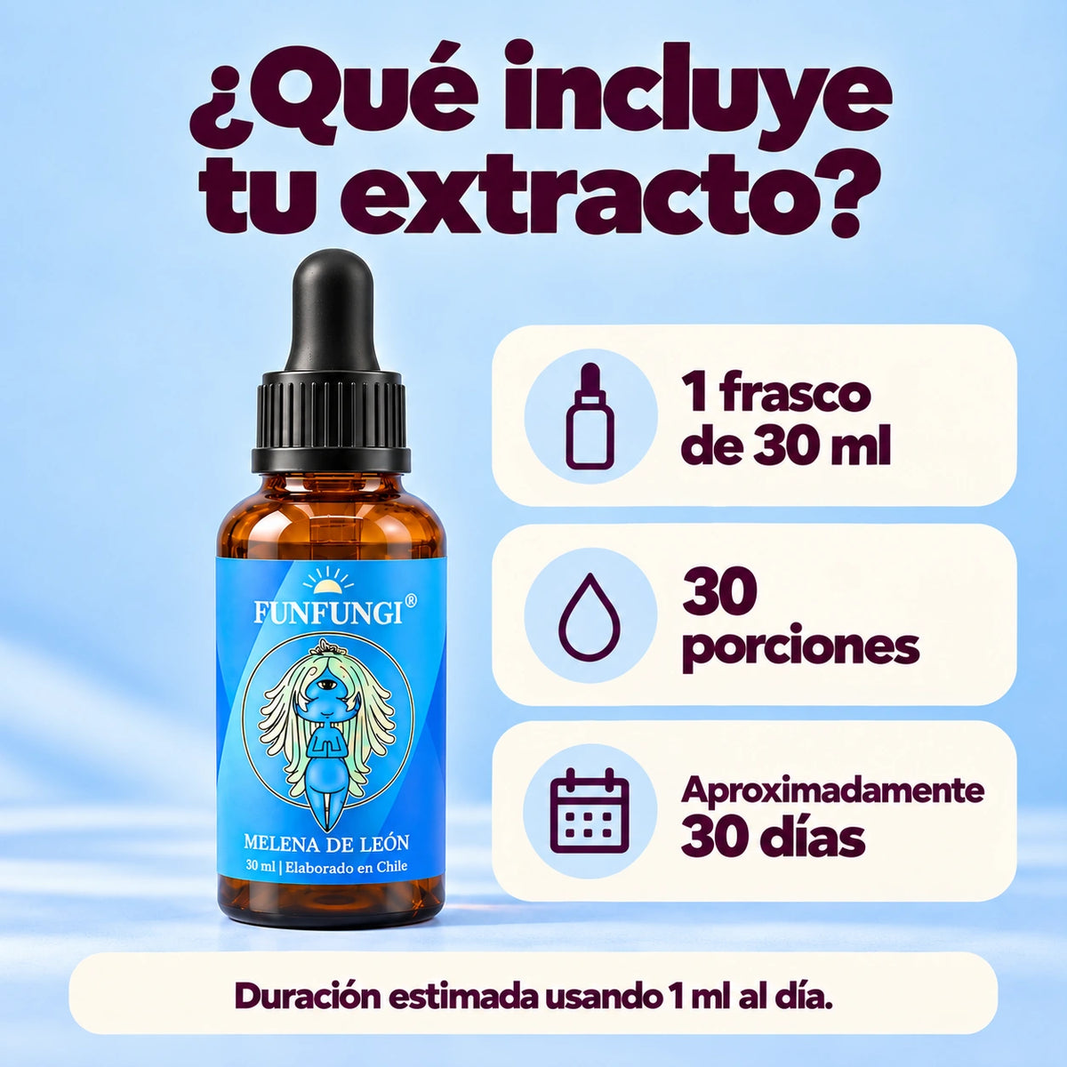 Melena de León FunFungi de 30 ml: contenido de 30 ml y 30 porciones de 1 ml.