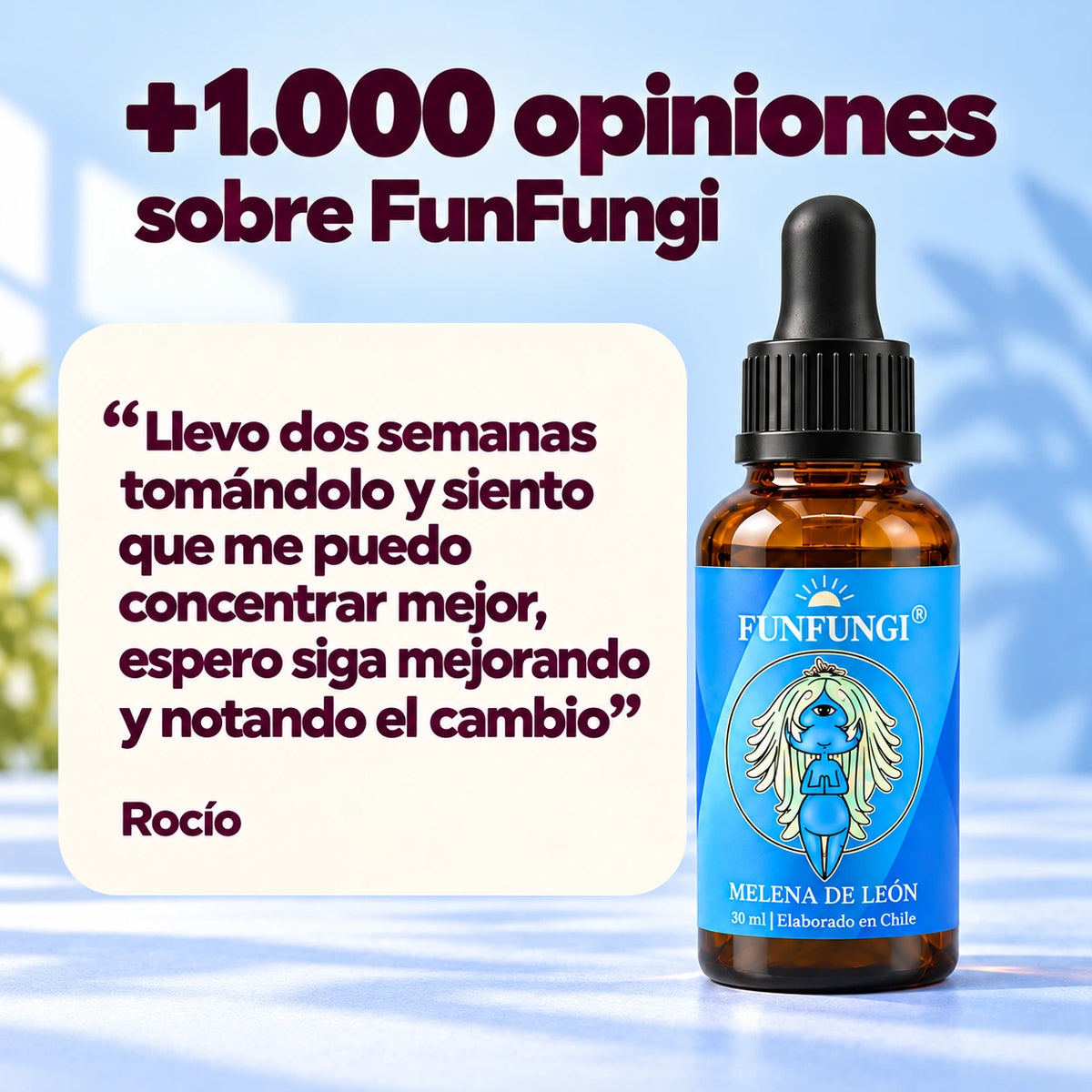 Reseña de Rocío sobre percibir mejor concentración tras dos semanas de uso de Melena de León, junto al frasco y al texto «+1.000 opiniones sobre FunFungi».