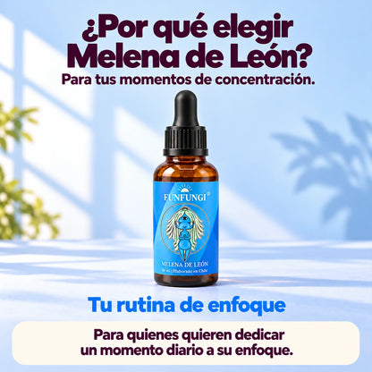 Por qué elegir Melena de León FunFungi: frasco de 30 ml sobre fondo azul, con un mensaje dirigido a quienes buscan una rutina de enfoque y concentración.