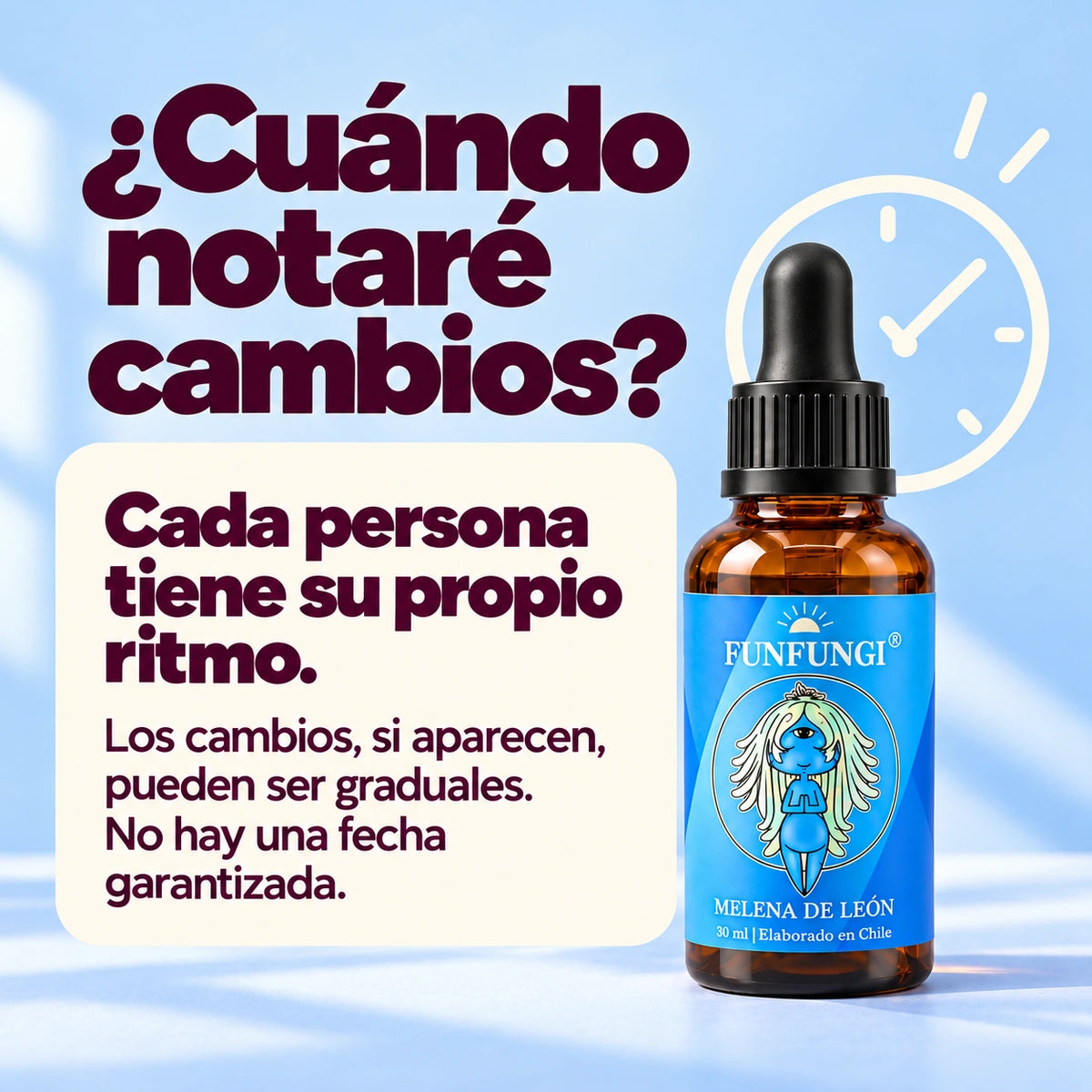 Melena de León FunFungi de 30 ml: información sobre el tiempo variable para percibir cambios, sin una fecha garantizada.