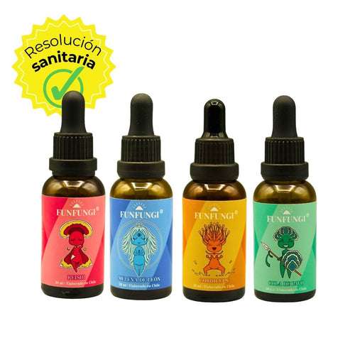 Pack 4 Extractos Adaptógenos FunFungi: Reishi, Melena de León, Cordyceps y Cola de Pavo 30ml c/u con sello de Resolución Sanitaria