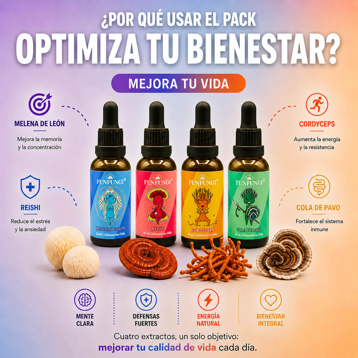 Infografía beneficios Pack 4 FunFungi Optimiza tu Bienestar: Melena de León, Reishi, Cordyceps y Cola de Pavo para mente clara, defensas, energía y bienestar