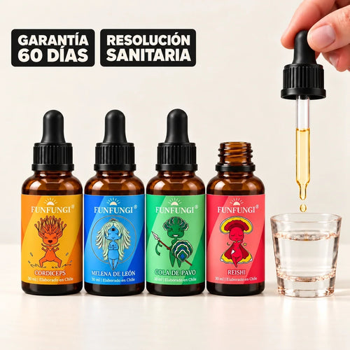 Pack de extractos Melena de León, Cordyceps, Cola de Pavo y Reishi FunFungi, en frascos ámbar de 30 ml junto a un vaso de agua y una mano con gotero, con sellos de garantía de 60 días y resolución sanitaria.