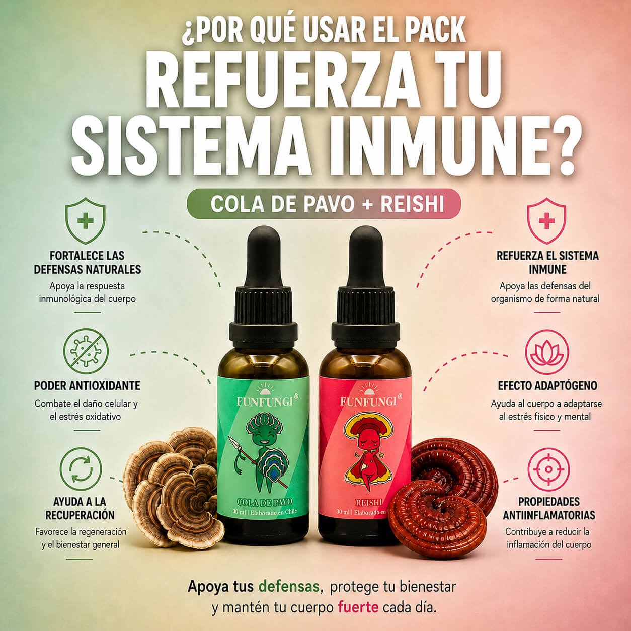 Infografía beneficios Pack Dual Cola de Pavo + Reishi FunFungi: defensas naturales, antioxidante, antiinflamatorio y efecto adaptógeno