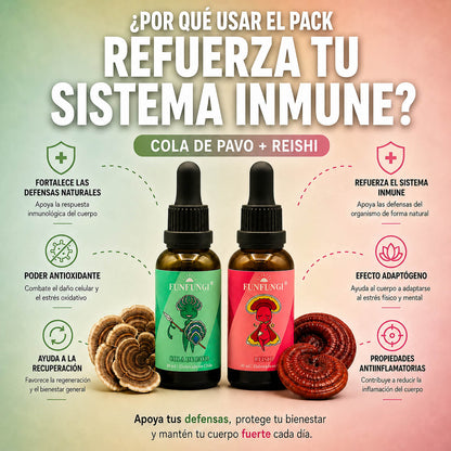 Infografía beneficios Pack Dual Cola de Pavo + Reishi FunFungi: defensas naturales, antioxidante, antiinflamatorio y efecto adaptógeno