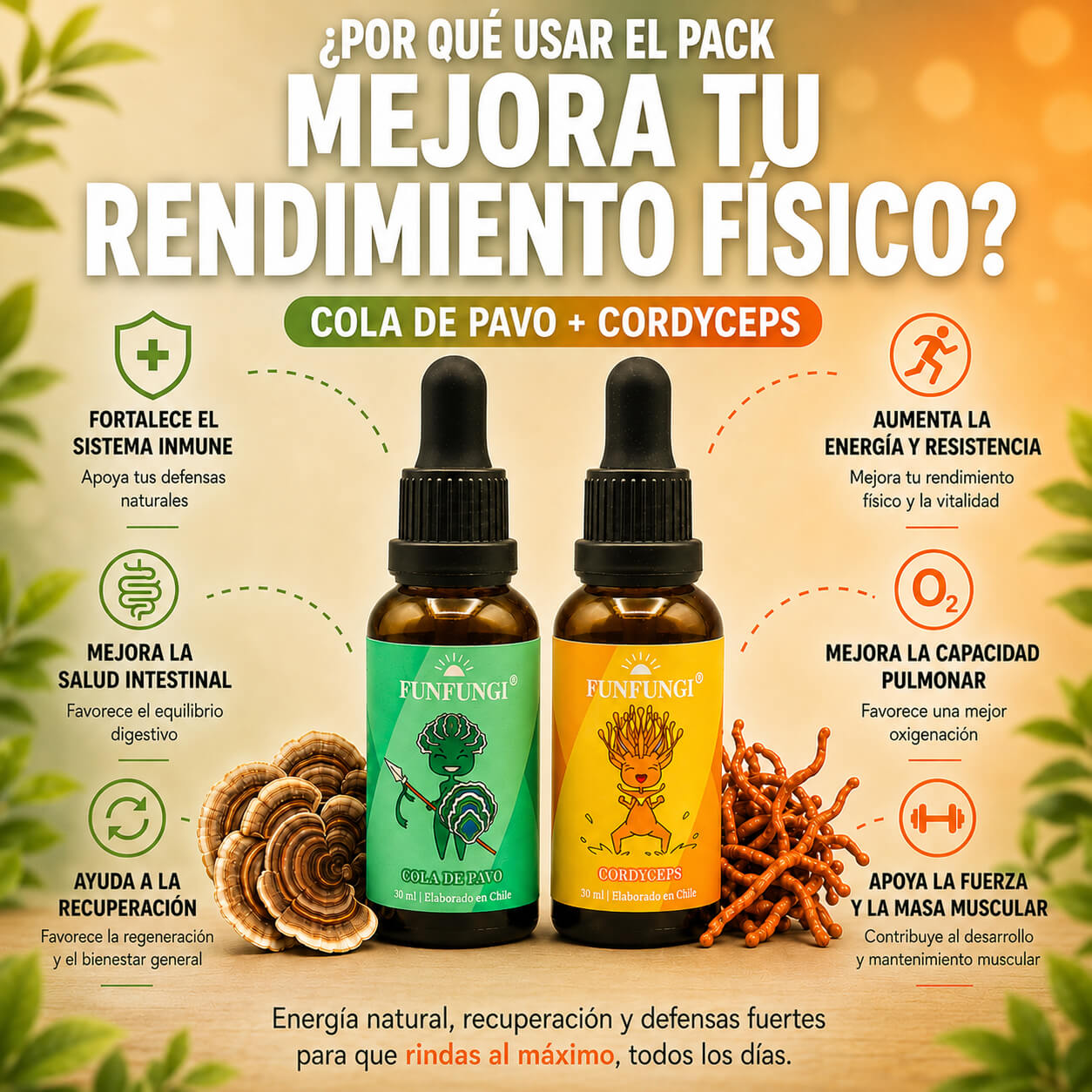 Infografía beneficios Pack Dual Cordyceps + Cola de Pavo FunFungi: sistema inmune, energía y resistencia, capacidad pulmonar y fuerza muscular