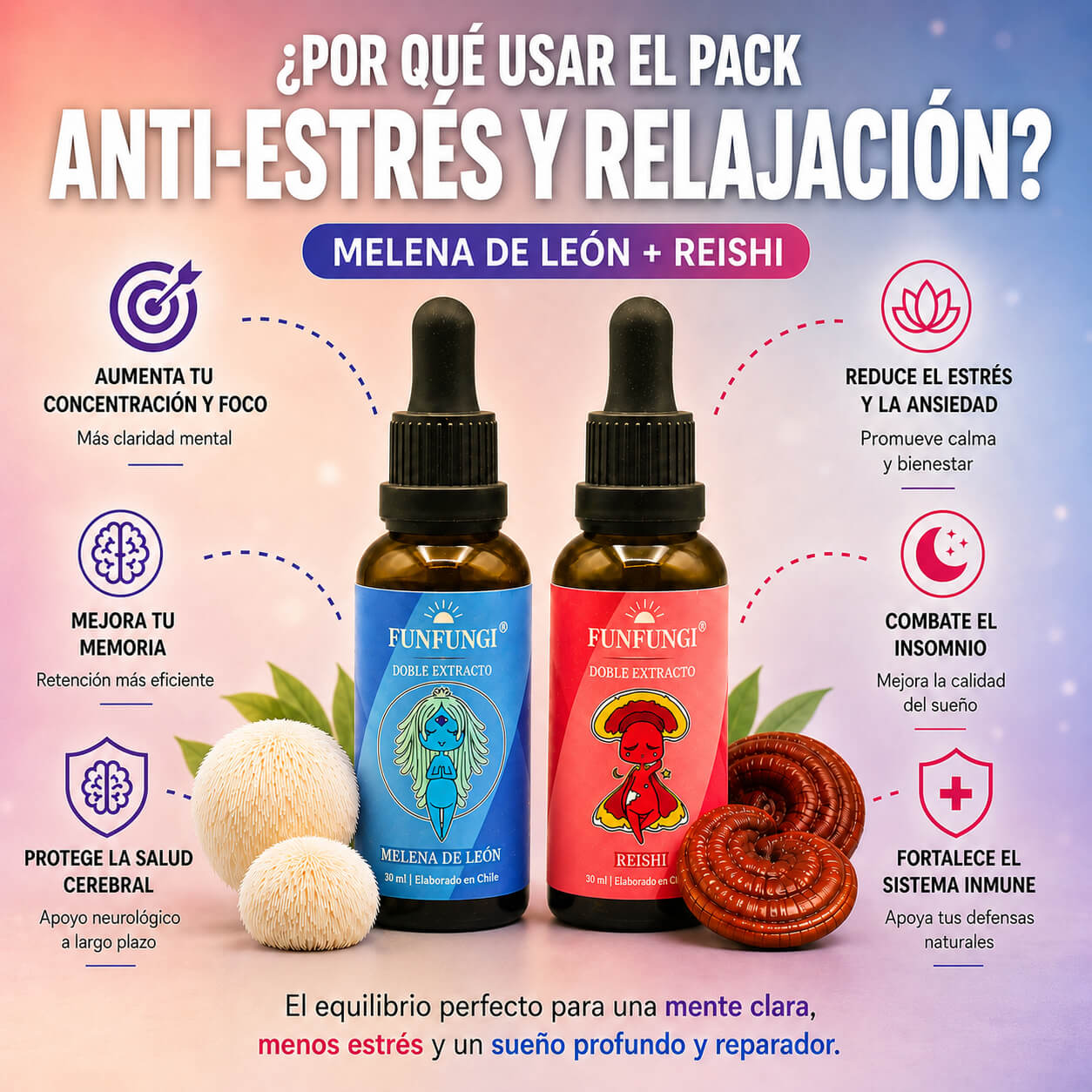 Infografía beneficios Pack Dual Melena de León + Reishi FunFungi: concentración, memoria, anti-estrés, insomnio y sistema inmune