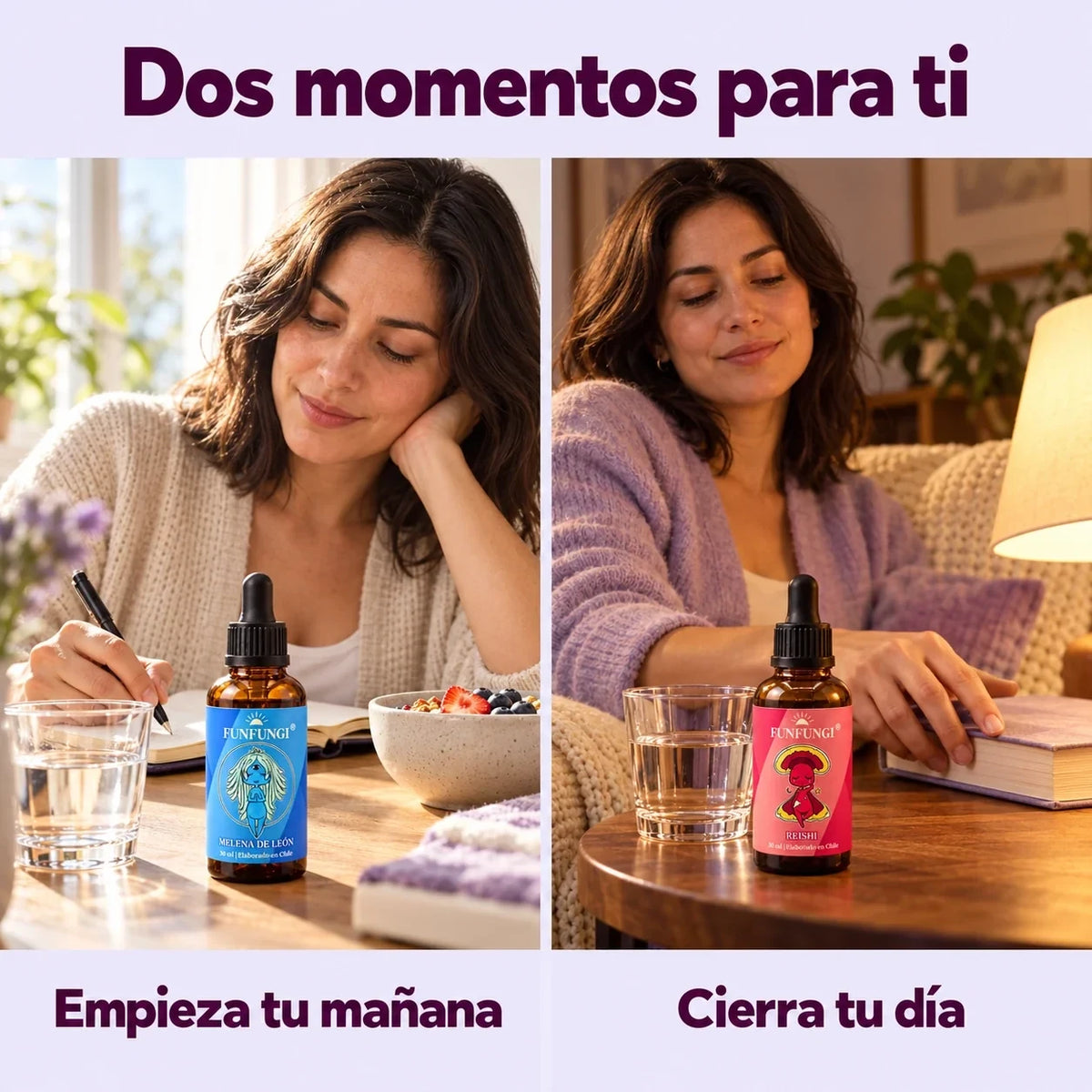 Rutina cotidiana con Melena de León FunFungi junto al desayuno y Reishi junto a un libro al cerrar el día.