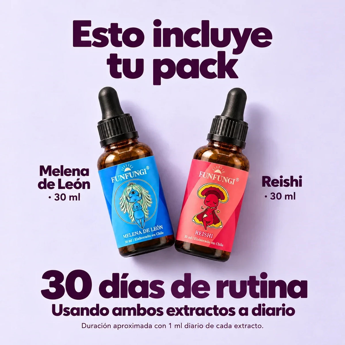 El pack incluye Melena de León y Reishi de 30 ml cada uno. Duración aproximada de 30 días usando 1 ml diario de cada extracto.