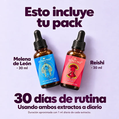 El pack incluye Melena de León y Reishi de 30 ml cada uno. Duración aproximada de 30 días usando 1 ml diario de cada extracto.