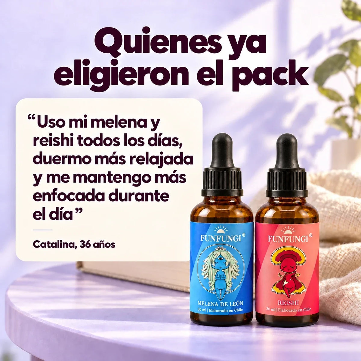 Reseña de Catalina, 36 años: «Uso mi melena y reishi todos los días, duermo más relajada y me mantengo más enfocada durante el día», junto al pack FunFungi.