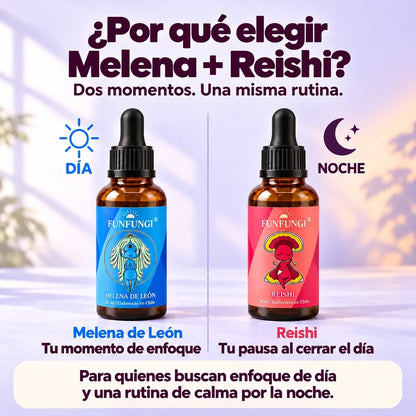 Por qué elegir el pack Melena de León y Reishi FunFungi: ambos frascos de 30 ml sobre fondo lila, con enfoque de día y una pausa de calma por la noche.