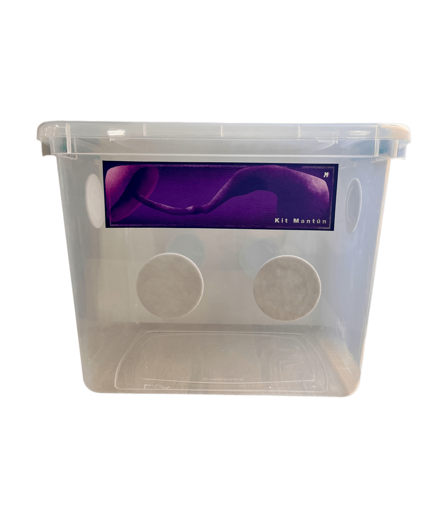 Caja incubadora y fructificadora 28L Mantún con tapa - vista lateral con etiqueta Kit Mantún