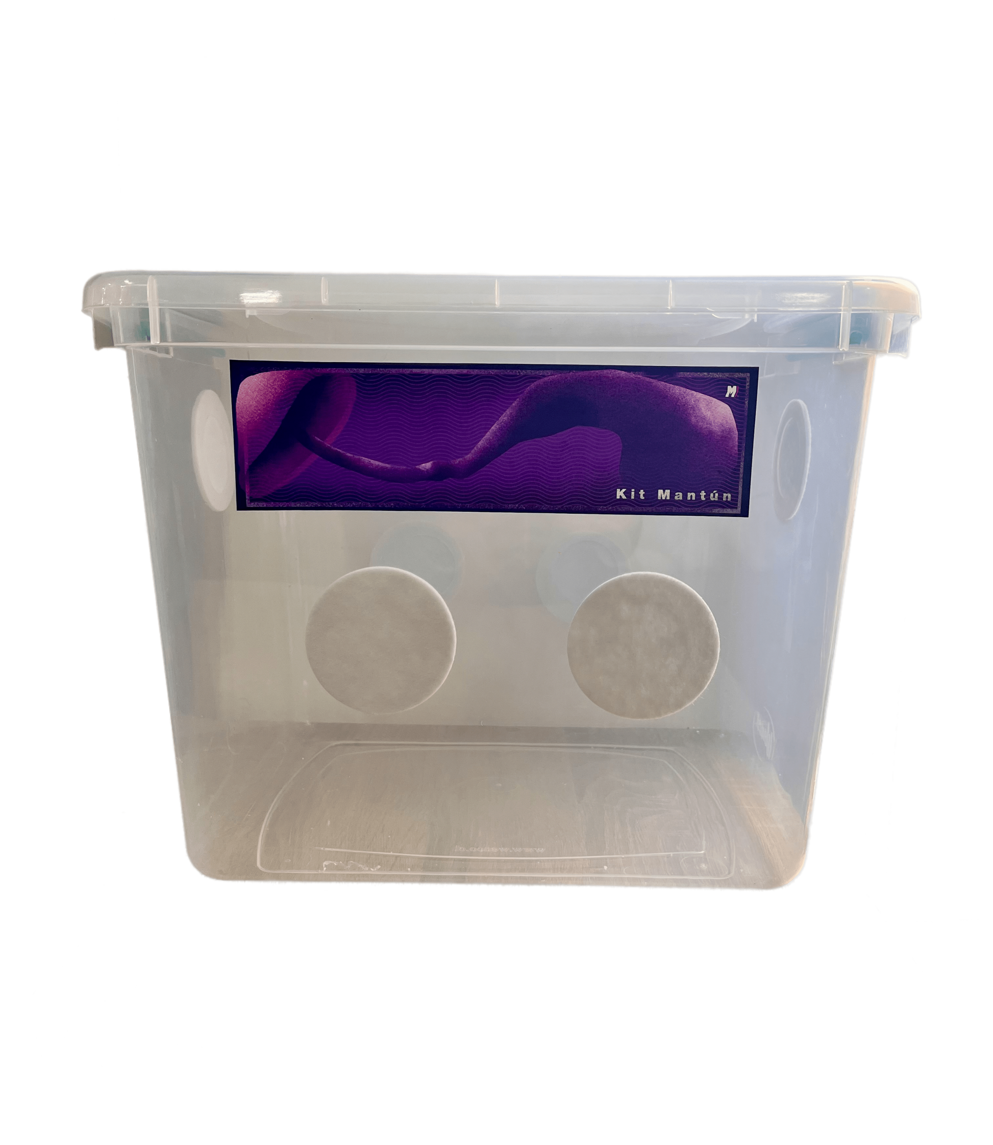 Caja incubadora y fructificadora 28L Mantún con tapa - vista lateral con etiqueta Kit Mantún
