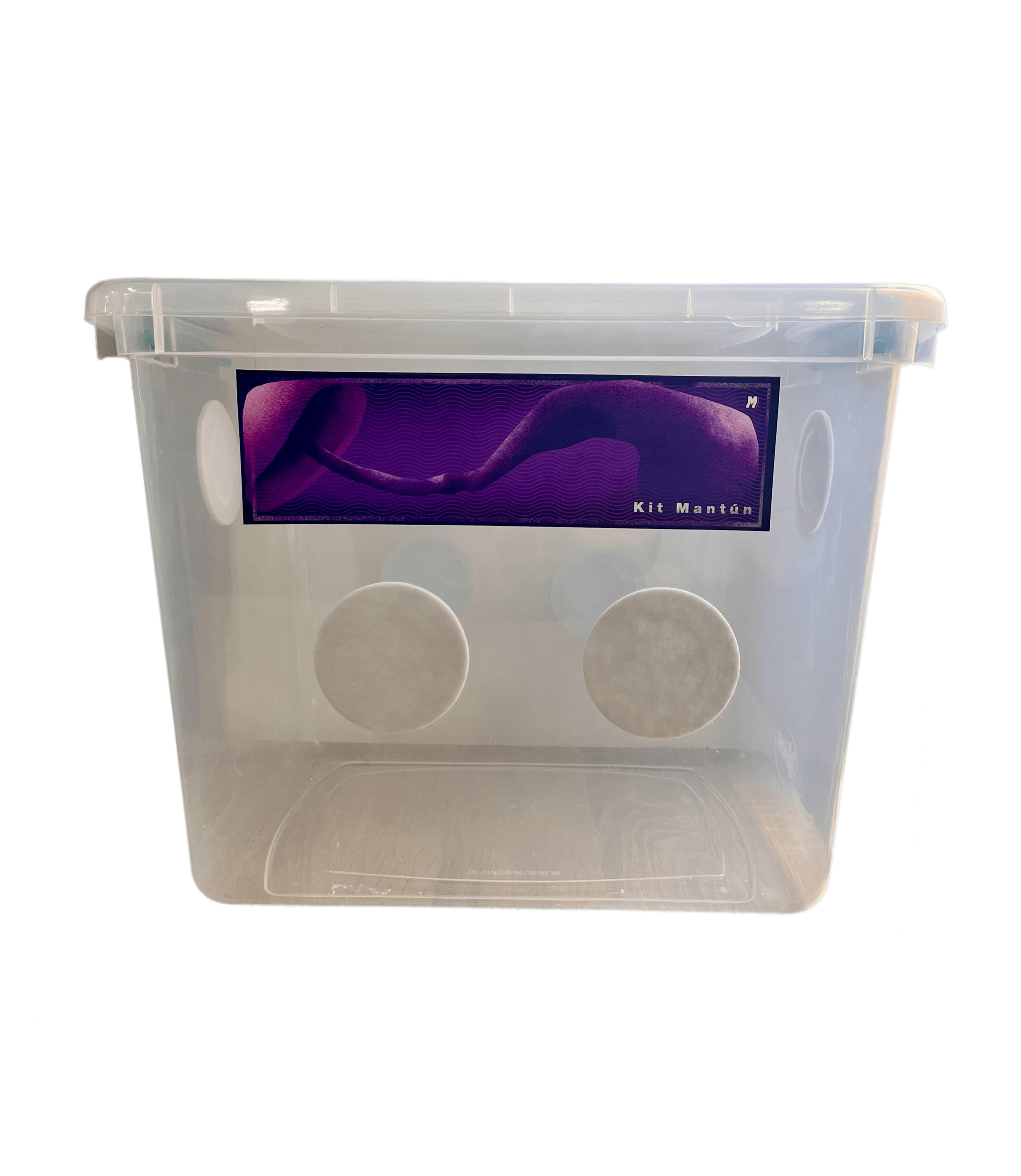 Caja incubadora y fructificadora 28L Mantún con tapa - vista lateral con etiqueta Kit Mantún