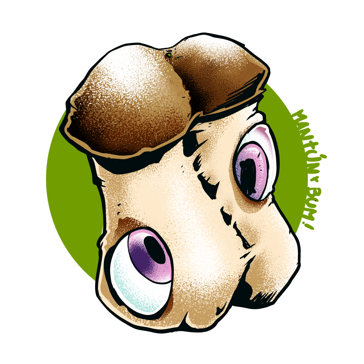Ilustración cepa Psilocybe cubensis DC Mak 95 - sombrero oscuro ojos violeta fondo verde - Esporas para microscopía Mantún
