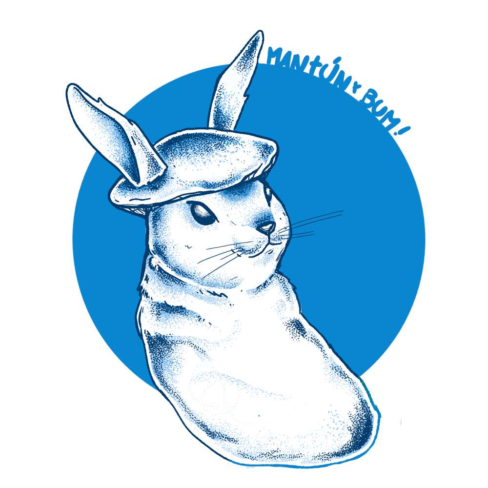 Ilustración cepa Psilocybe cubensis White Rabbit - conejo con sombrero de hongo azul - Esporas para microscopía Mantún