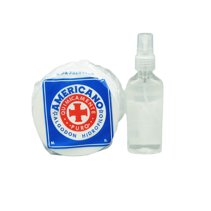 Algodón hidrófilo y alcohol en spray incluidos en el Kit Mantún para desinfección
