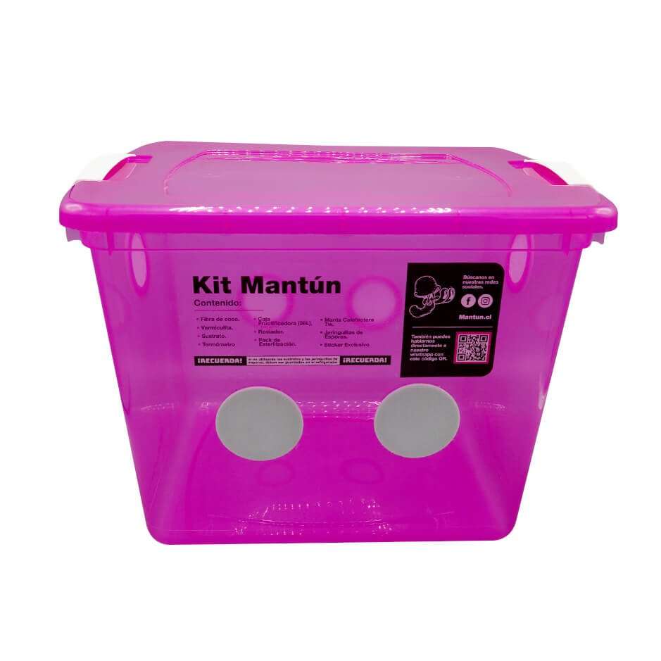 Caja fructificadora rosa Kit Mantún con filtros de intercambio gaseoso y etiqueta de contenido
