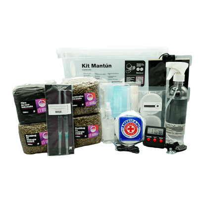 Kit Mantún completo para cultivo de hongos: contenido desplegado con sustratos, jeringas, manta calefactora, caja y accesorios