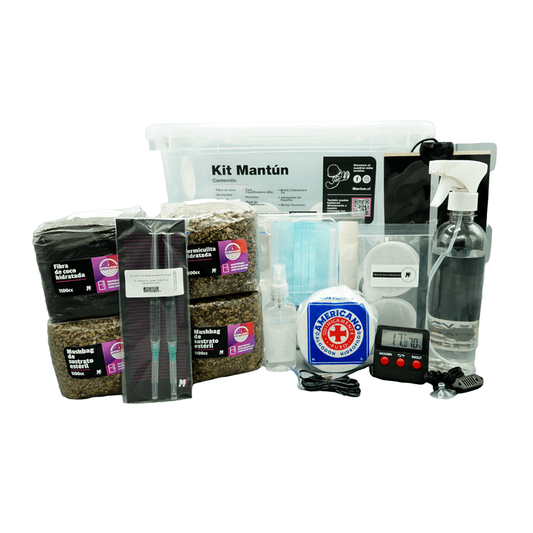 Kit Mantún completo para cultivo de hongos: contenido desplegado con sustratos, jeringas, manta calefactora, caja y accesorios