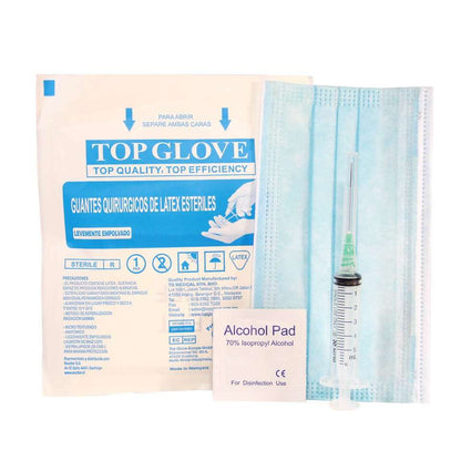 Kit de esterilización incluido en el Kit Primordio: guantes látex, mascarilla y alcohol pad
