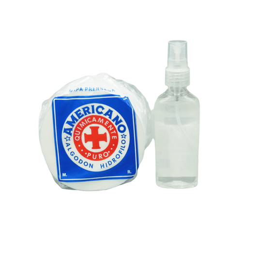 Pack algodón hidrófilo Americano y alcohol en spray Mantún para desinfección del área de cultivo