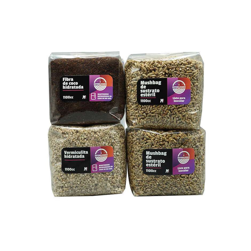 Pack de 4 sustratos esterilizados Mantún para bulk: fibra de coco, vermiculita y 2 mushbags de sustrato