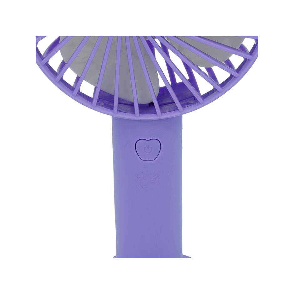 Ventilador de mano Mantún color lila - detalle botón de encendido en el mango
