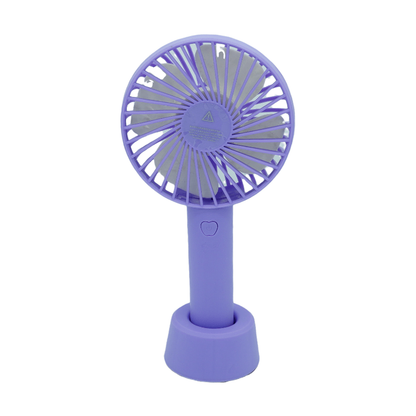 Ventilador de mano Mantún color lila - vista completa con base de escritorio incluida