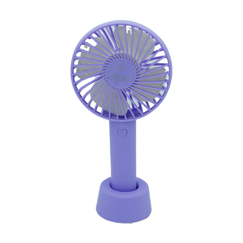 Ventilador de mano Mantún color lila - vista completa con base de escritorio incluida
